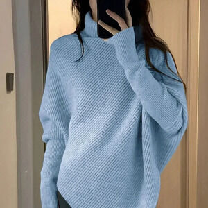 Blue Casual Women's High Neck Batwing Sleeve Sweater